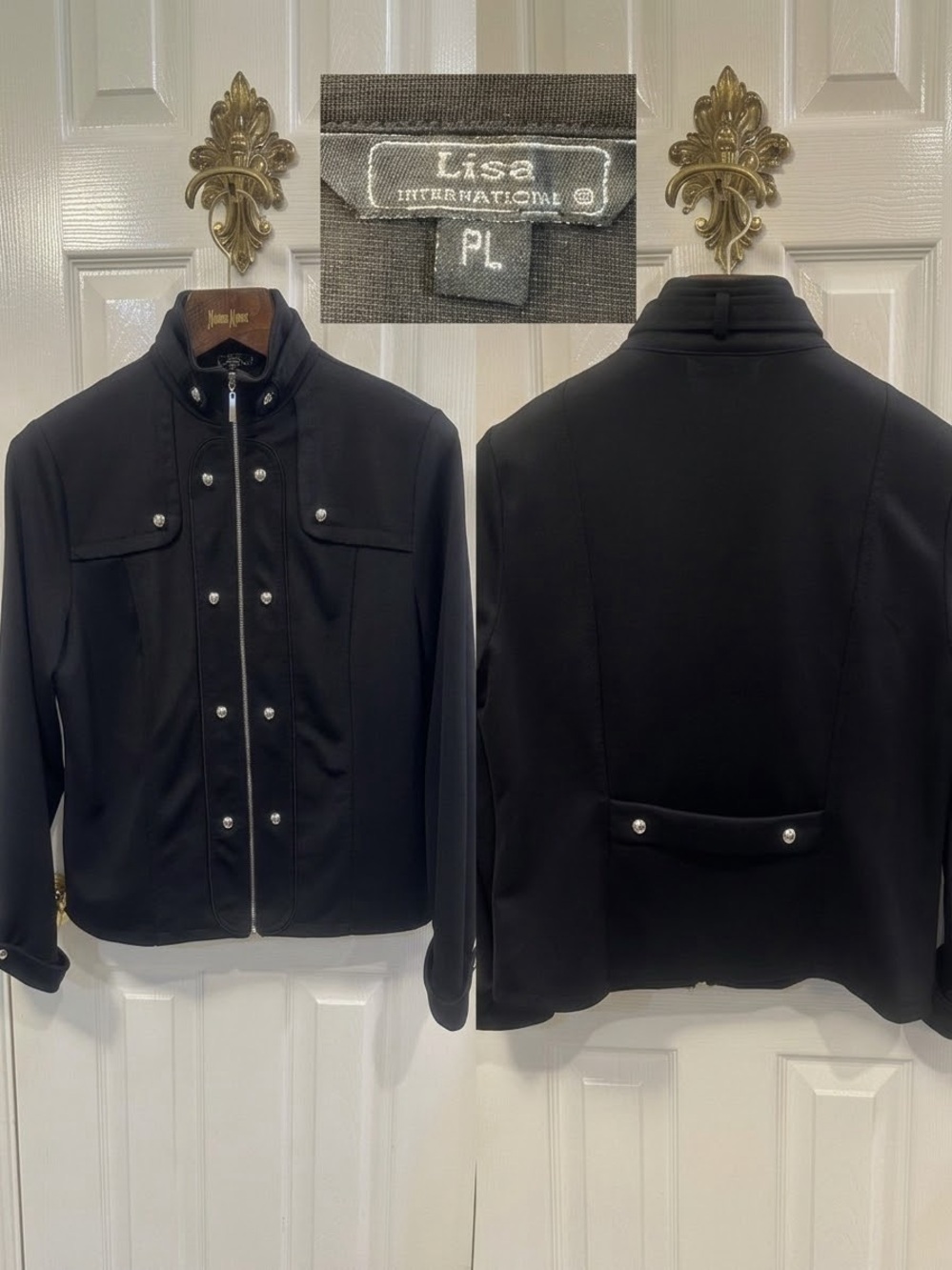 Lisa International Black Silver Stud Moto Jacket Front Zip Petite Large